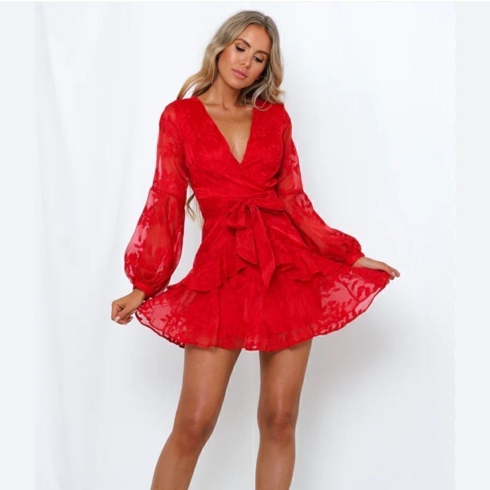 Hello Molly Red Long Sleeve Wrap Mini Dress - Picture 2 of 7